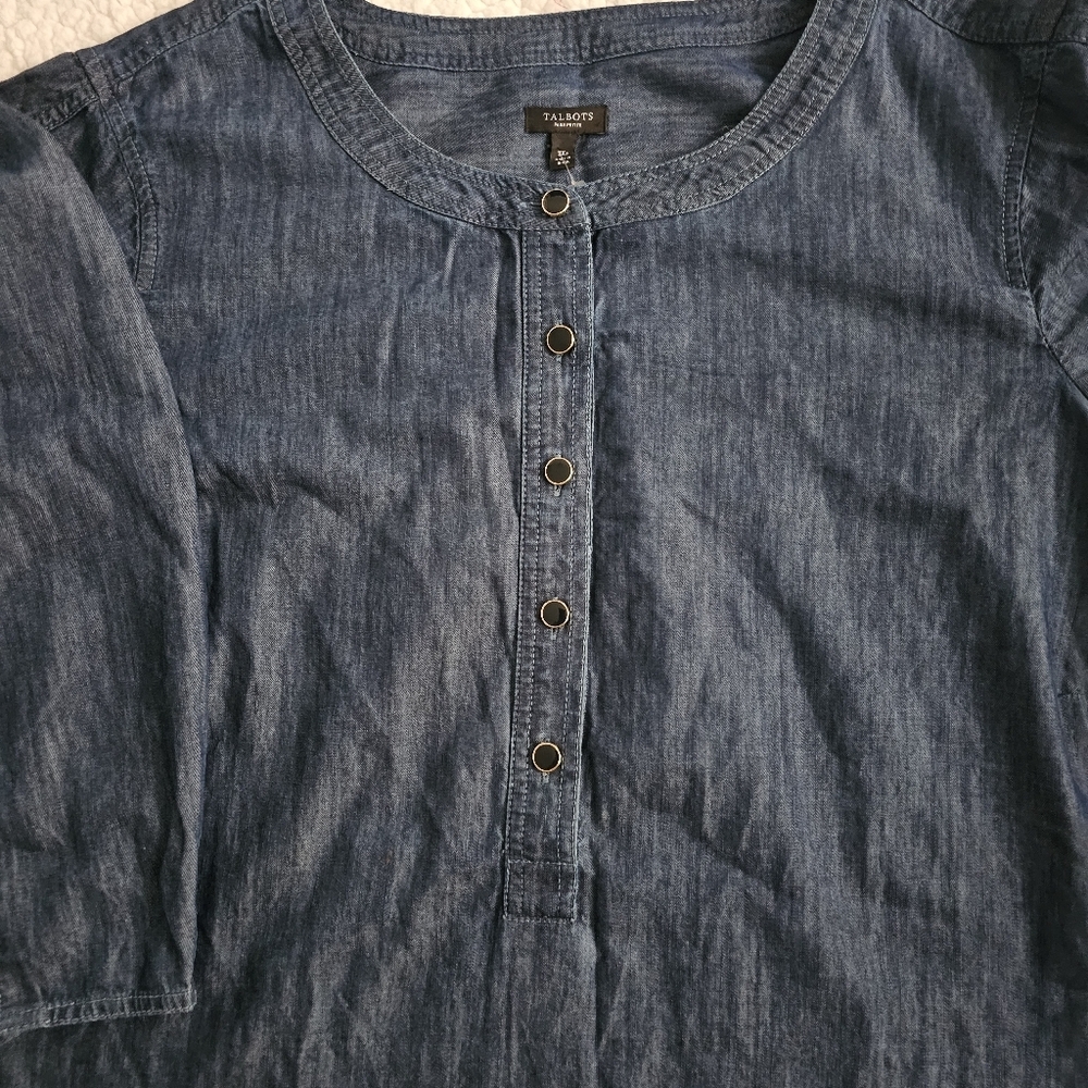 Talbots Denim Shirt Womens 3x Blouse Tunic Five Buttons 3/4 Sleeve - Picture 2 of 9